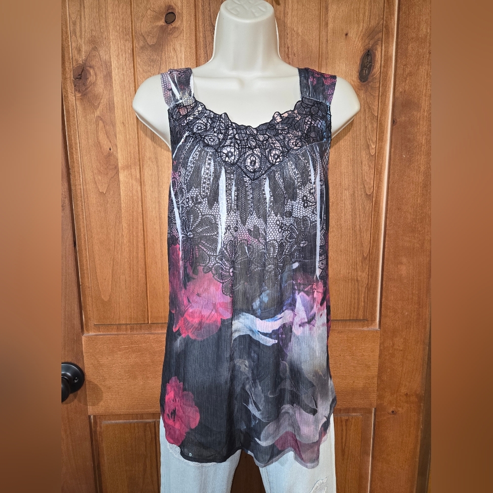 CJ Banks Black and Pink Floral Top